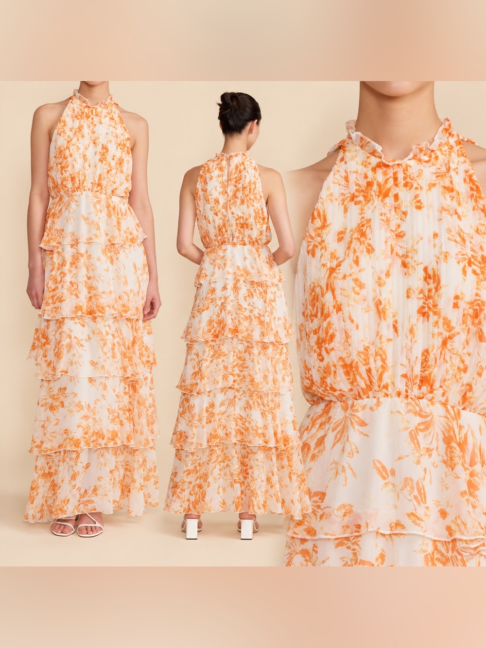 Lucy Paris Mari Orange Floral Tiered Halter Maxi Dress XS NWT $130